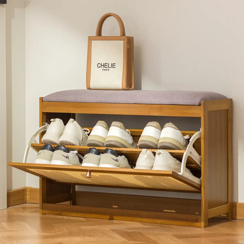 Banco zapatero con almacenamiento para la entrada, asiento largo tapizado, gabinete moderno para zapatos, banco para pasillo, gabinete de lujo para almacenamiento, estantes para zapatos.
