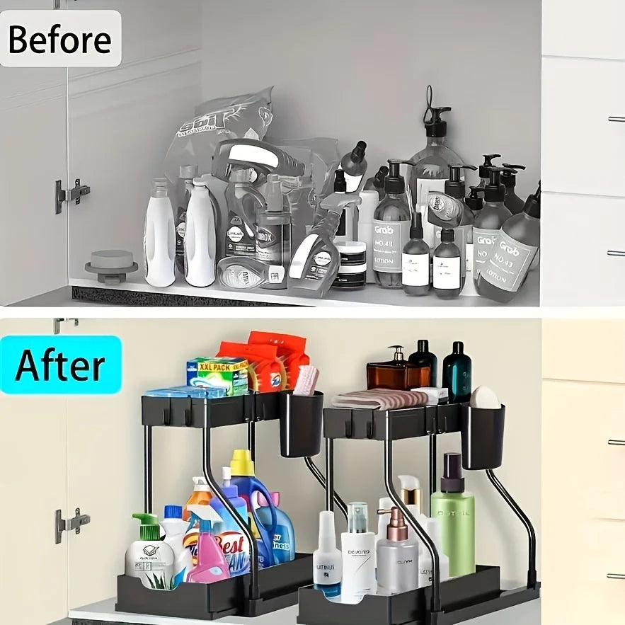 Organizador de cajones esencial para cocina y baño, con dos niveles extraíbles, que ahorra espacio, en forma de R, simple, duradero y de gran capacidad.