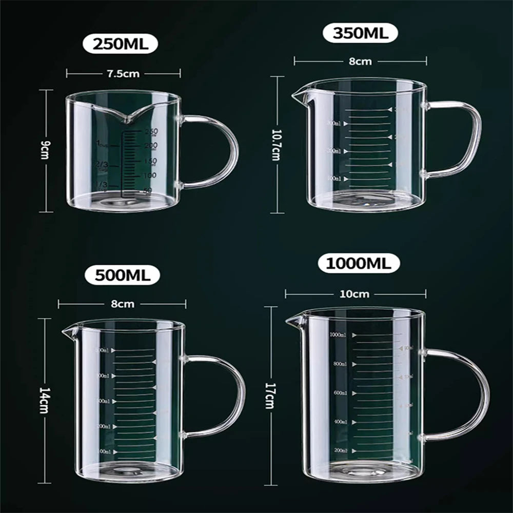 1 taza medidora de vidrio con asa 250/350/500/1000 ml, taza medidora de café con leche de vidrio de borosilicato alto, taza resistente al calor