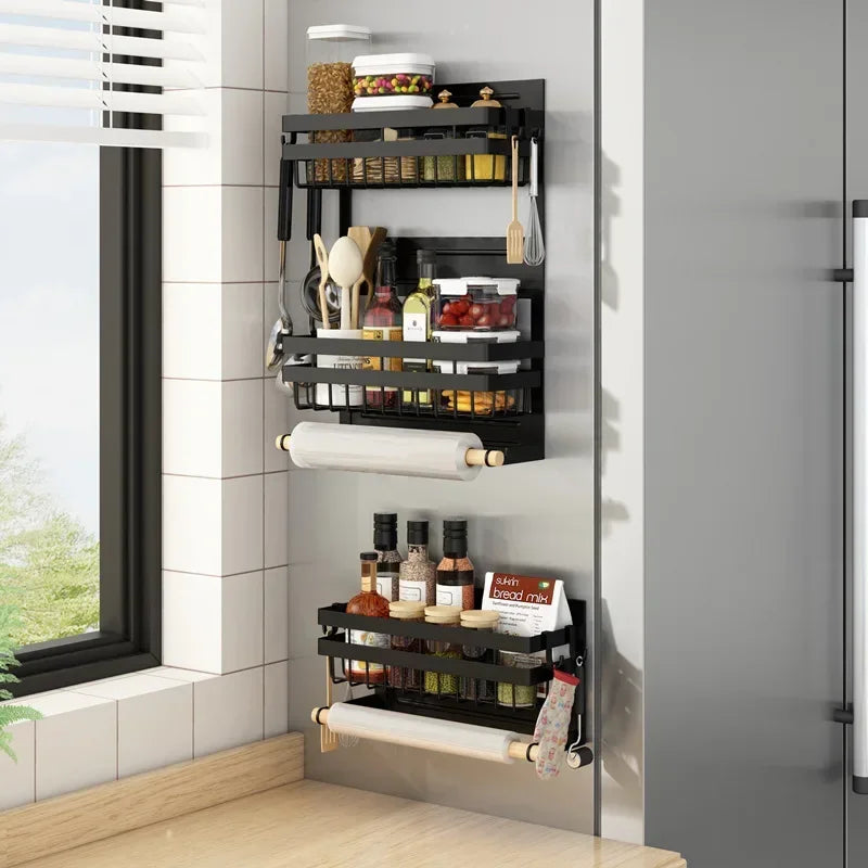 Estante magnético para nevera, tubo de papel de cocina, soporte para film transparente, estante para especias, estante de almacenamiento en el lateral del refrigerador