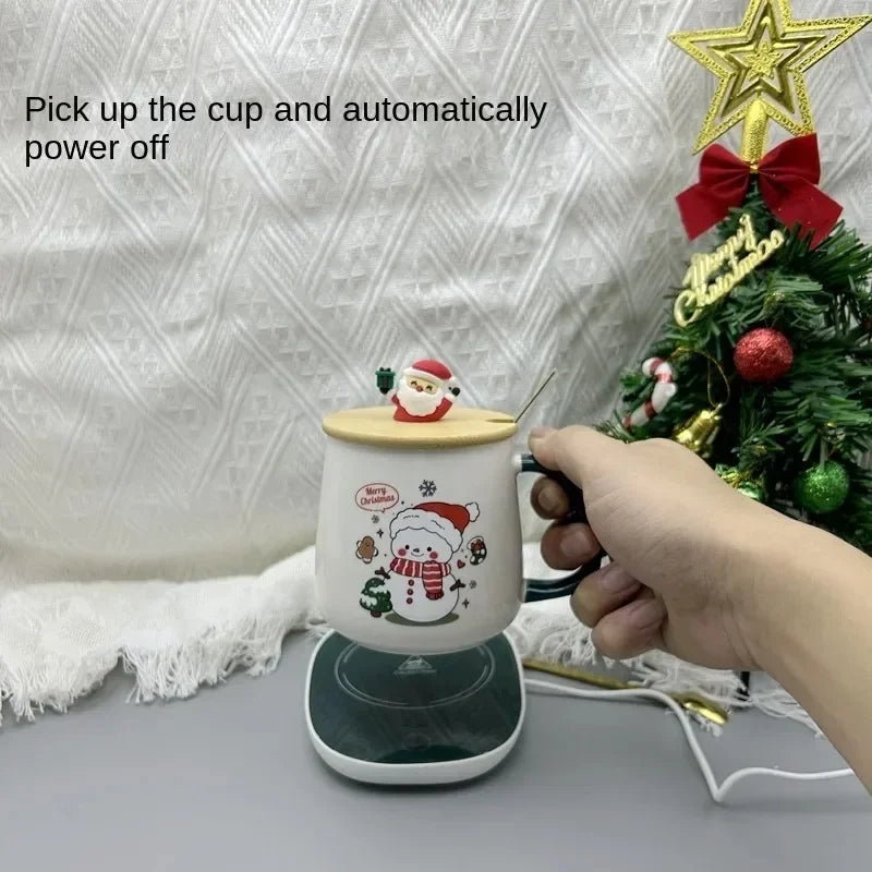 Juego de regalo de Navidad y Año Nuevo: taza con termostato de 55 ℃, taza de cerámica de muñeco de nieve con tapa y cuchara, tazas de café para el hogar o la oficina