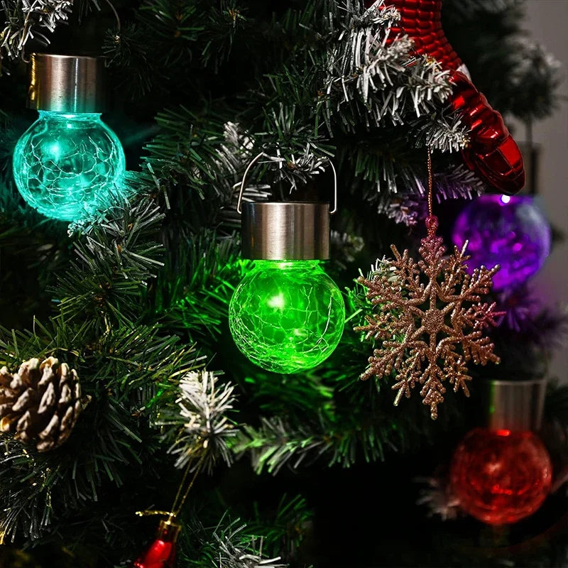 Solar Hanging Lights, Christmas Decoration Lights with Multi-Color Changing Cracked Glass Hanging Ball Outdoor Lights Waterproof
