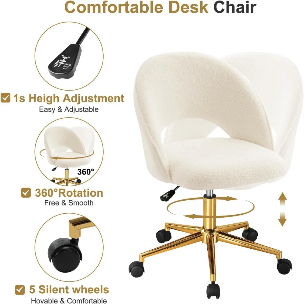 Silla de tocador con respaldo, bonita silla de escritorio con ruedas para niñas, silla decorativa tapizada sin brazos con altura de metal dorado