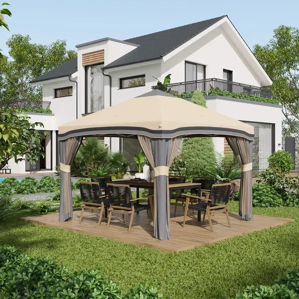 Carpa cenador emergente Outsunny de 3x3m con red, altura ajustable, toldo para fiestas al aire libre con bolsa de transporte con ruedas