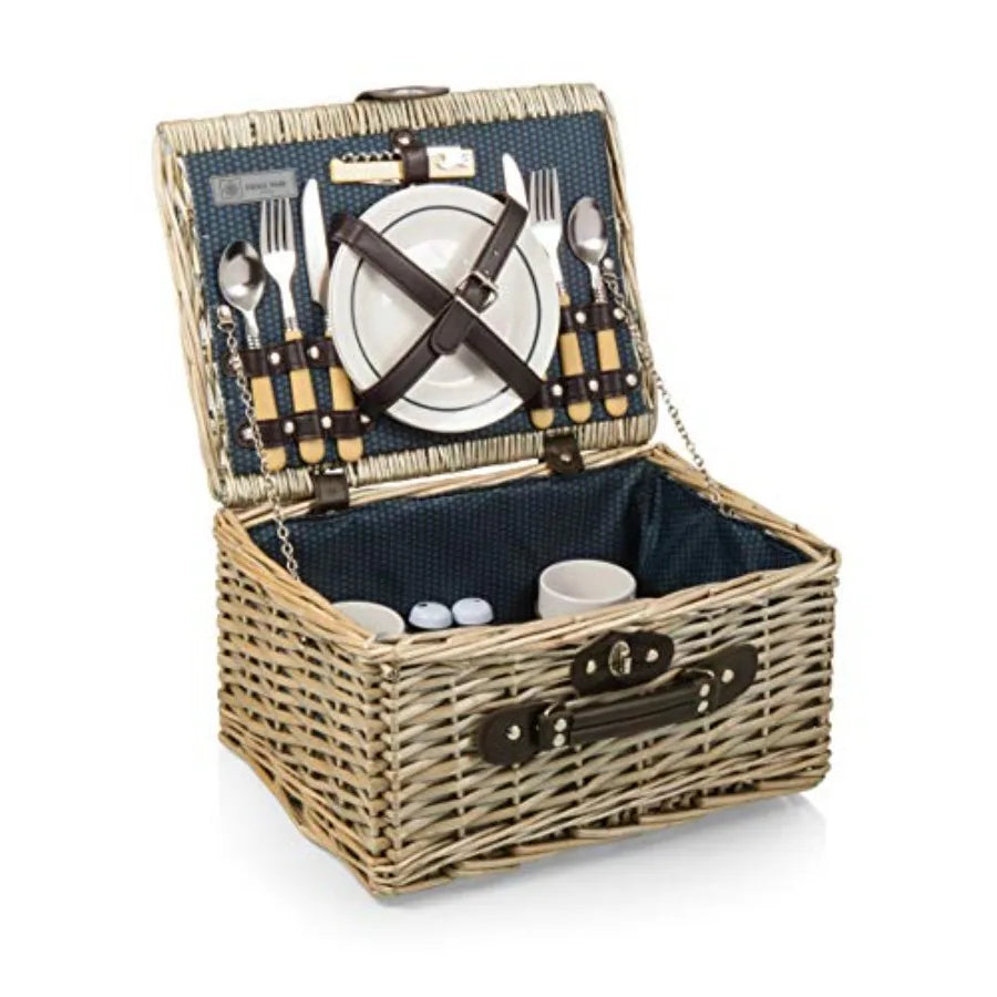 Cesta de picnic Catalina para 2 personas, clásica, de lujo, de mimbre inglés tejida a mano con detalles de cuero genuino y servicio completo para T
