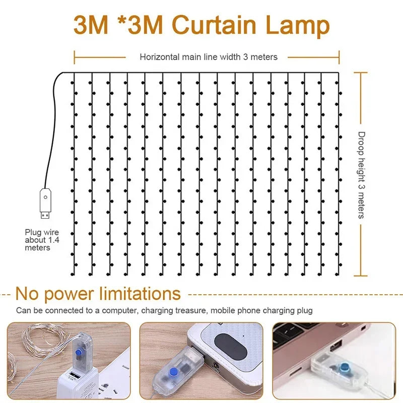Luces de hadas LED tipo cortina de guirnalda 3M, luces de cadena, fiesta de Navidad, boda, decoración, USB, control remoto, 8 modos, iluminación de cascada