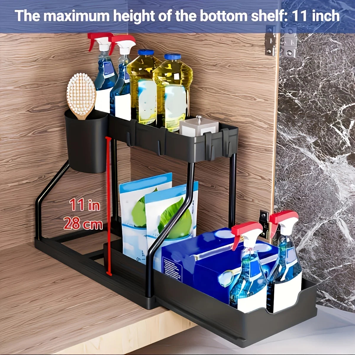Organizador de dos niveles para debajo del fregadero que ahorra espacio, caja de almacenamiento extraíble, organizador de cajones esencial para cocina y baño, duradero y de gran capacidad