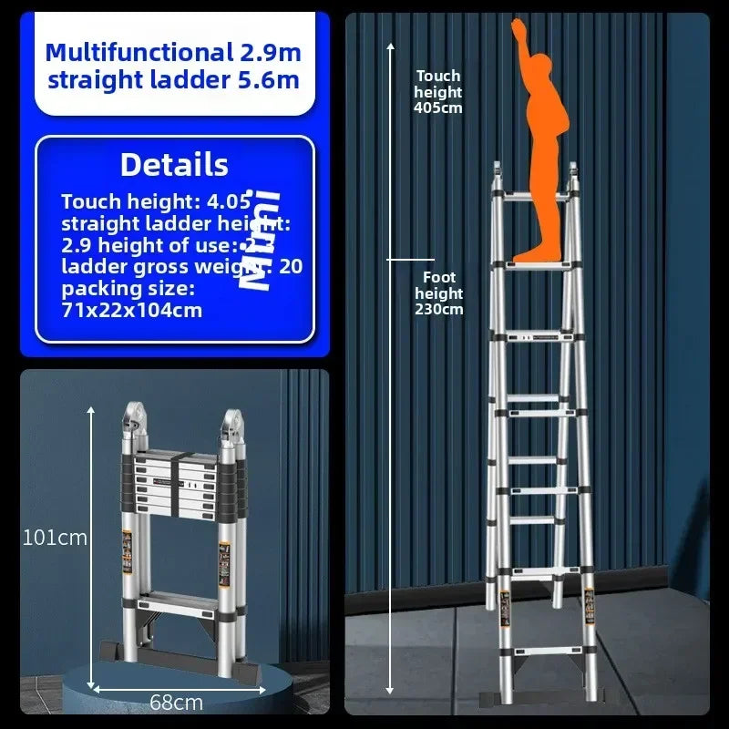 Escalera telescópica de acero inoxidable engrosada, escalera recta plegable tipo espiga, escalera portátil para el hogar