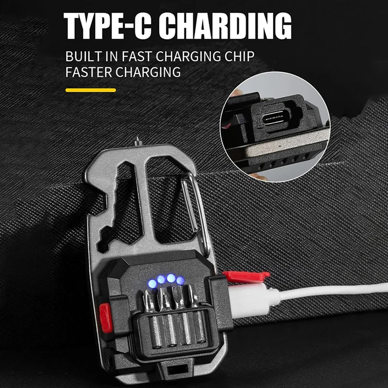 Linterna de trabajo portátil Mini LED tipo llavero Linterna de bolsillo recargable por USB Lámpara de camping al aire libre con martillo rompeventanas abridor de botellas