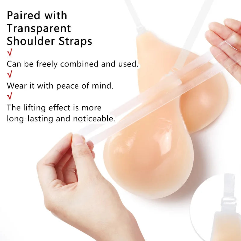 Sujetador de realce con forma de cuchara y tirantes para antideslizamiento, recogido invisible y sin costuras, parche de silicona para el pecho