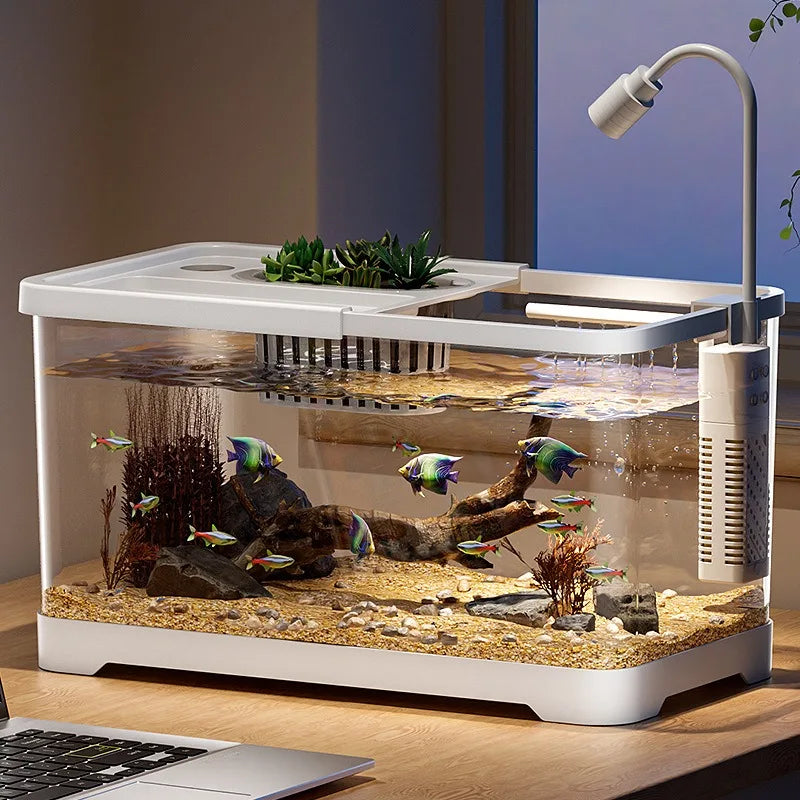 Acuario doméstico pecera de sala de estar de escritorio, tanque de circulación ecológica integrado con oxigenación y filtro, con tapa.