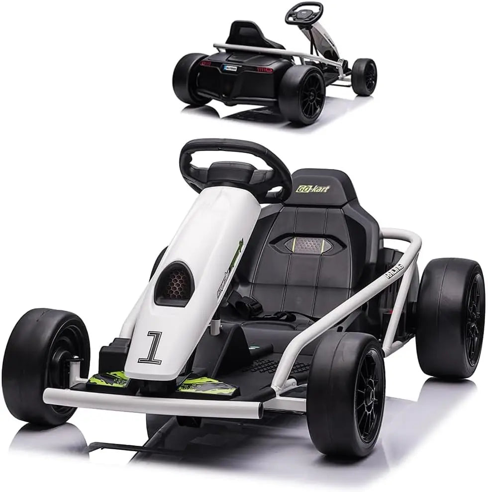 Go Kart de 24 V para adolescentes y niños grandes, coche de drifting con motor de 2 × 300 W, velocidad de 12.8 km/h, música, arranque suave, juguete de carreras para exteriores para edades de 8 a 12 años