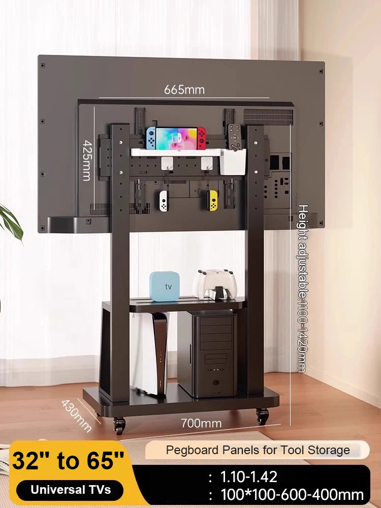Soporte de TV móvil para televisores de 32-86", carrito de TV inclinable con capacidad de hasta 100 kg, soporte portátil con estante de almacenamiento, ruedas, VESA 700x500 mm