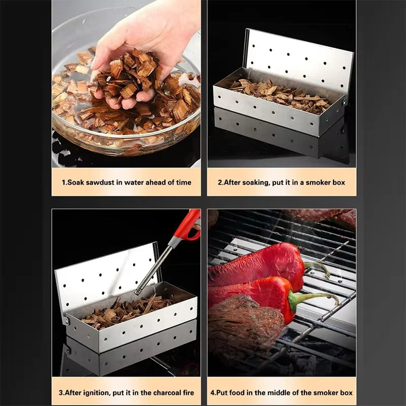Caja ahumadora para barbacoa, de acero inoxidable, caja ahumadora de astillas de madera con tapa con bisagras, caja de humo resistente para barbacoa de carbón YY224