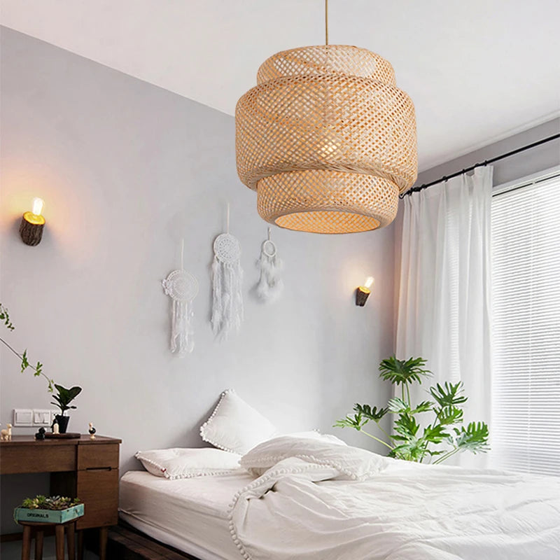 Moderna lámpara colgante de bambú E27 de 30 cm, hecha a mano, candelabro artístico de bambú, lámpara de comedor, candelabro de linterna, lámpara de dormitorio y comedor