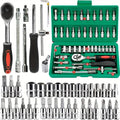 46Pcs Family Tools 1/4 Inch Drive Socket Set, Metric & SAE Hex Bit Sockets with Ratchet Wrench for Auto Repair & Household Tools