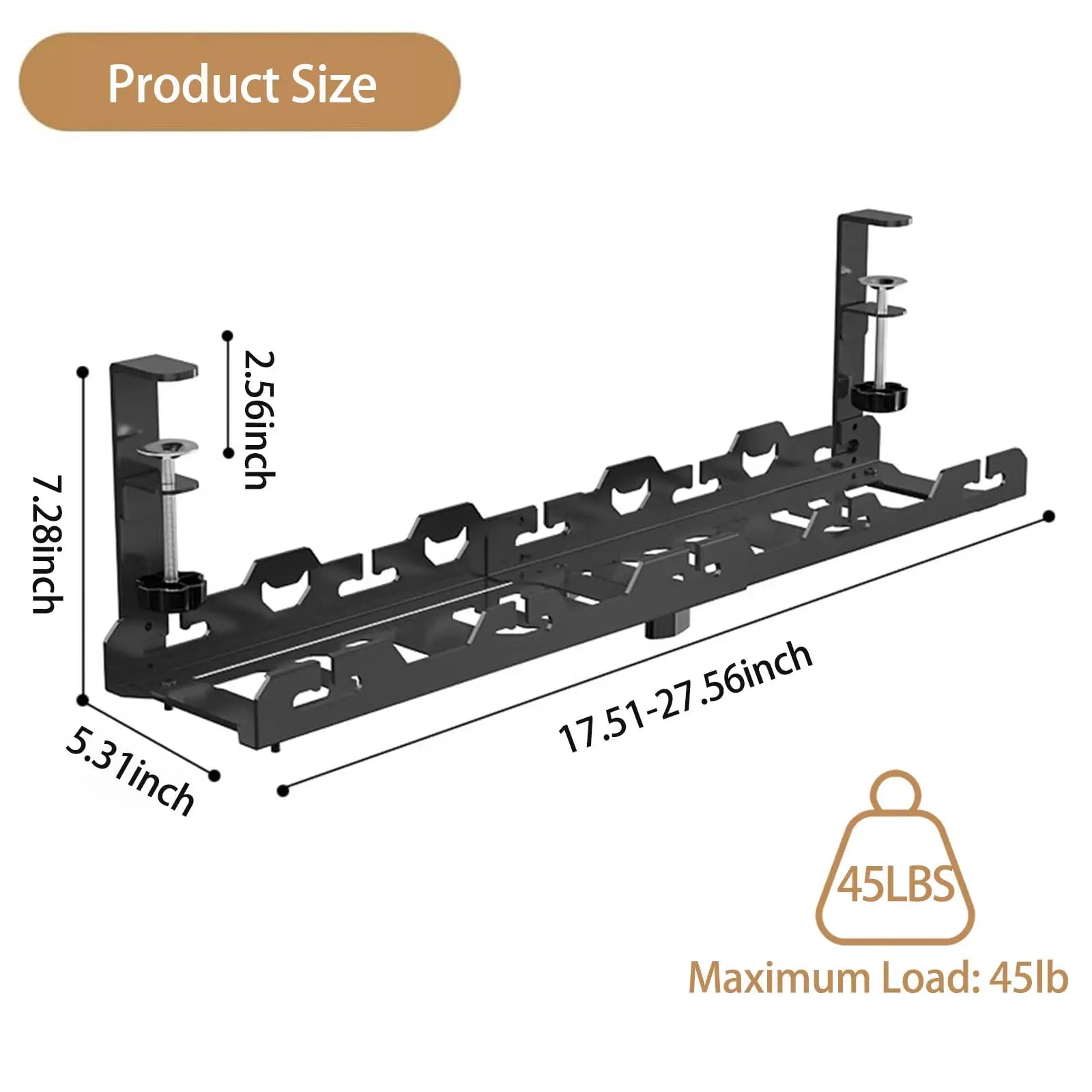 Organizador de cables extensible sin perforaciones para debajo del escritorio, bandeja de cables de metal para debajo del escritorio con abrazadera, soporte retráctil para regletas y cables