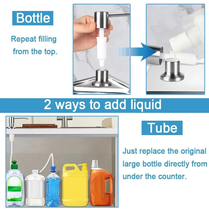 Dispensador de jabón de cabeza de prensa de acero inoxidable para fregadero de cocina Kit de tubo de extensión del dispensador de jabón Bomba dispensadora de jabón bajo el fregadero