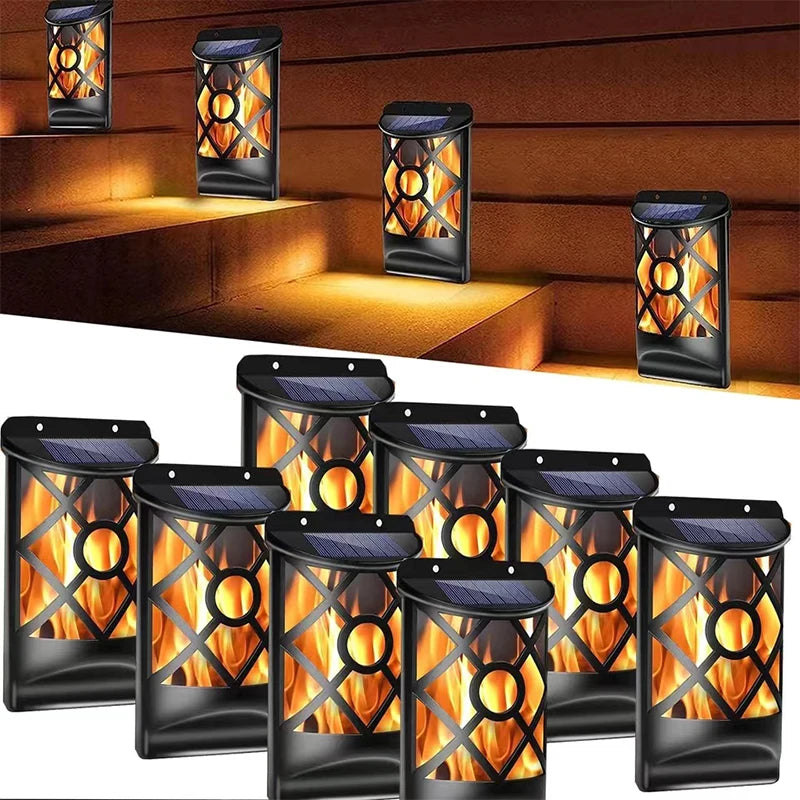 96 luces solares LED con efecto llama para exteriores, diseño de celosía para jardín, sendero, patio, decoración navideña, luces de pared impermeables con efecto de llama parpadeante