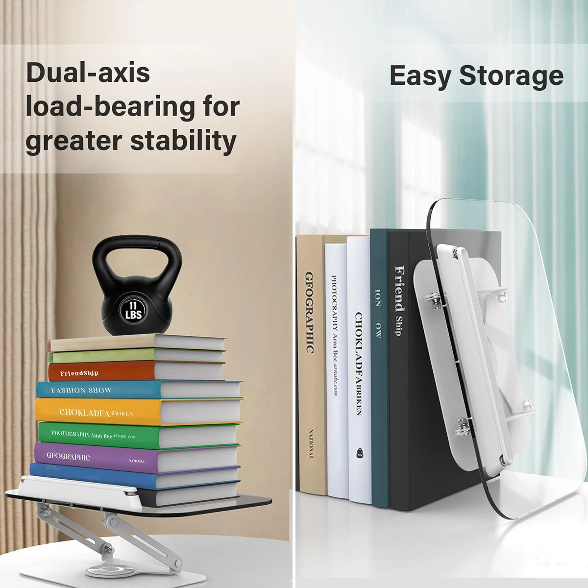 Nuevo soporte para libros de lectura, atril ajustable con base giratoria 360°, clips elásticos para páginas, soporte elevador de escritorio plegable