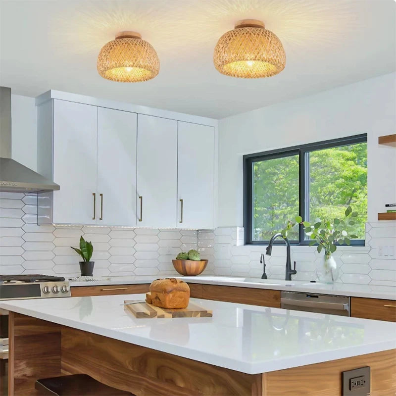 Lámparas de techo de bambú tejidas a mano de 30cm, lámpara de techo colgante LED, candelabro de mimbre, artesanía tejida a mano para decoración del hogar y dormitorio