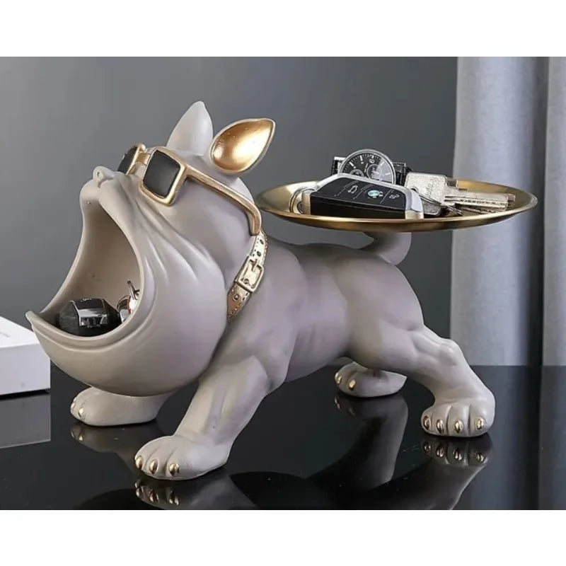 Set de decoración Bulldog Negro para almacenamiento 1 pieza - Elegante estatua de resina con gafas con montura dorada y esfera - Perfecto para el hogar