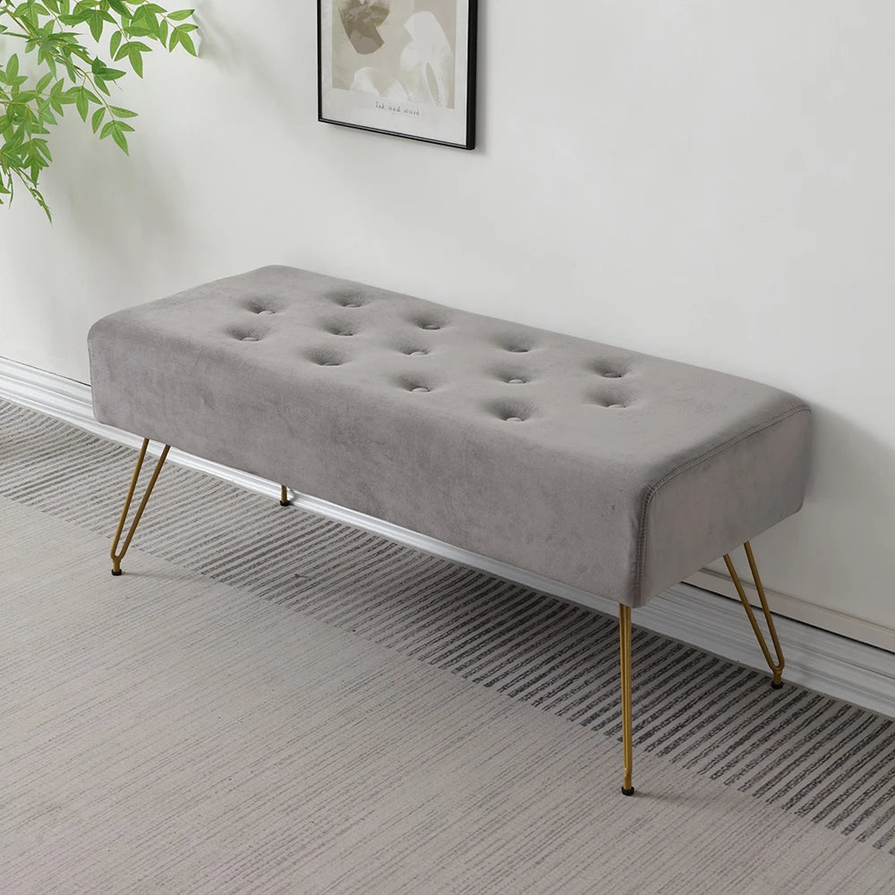 Modern Tufted Velvet Entryway Bench - Upholstered Long Shoe Bench with Gold Metal Legs for Hallway Bedroom End of Bed