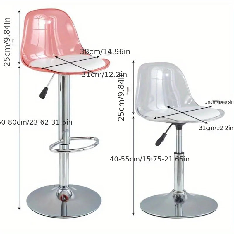 Taburete de Bar Moderno Ajustable con Respaldo Transparente Estructura Metálica Asiento Tapizado con Función de Elevación y Giro
