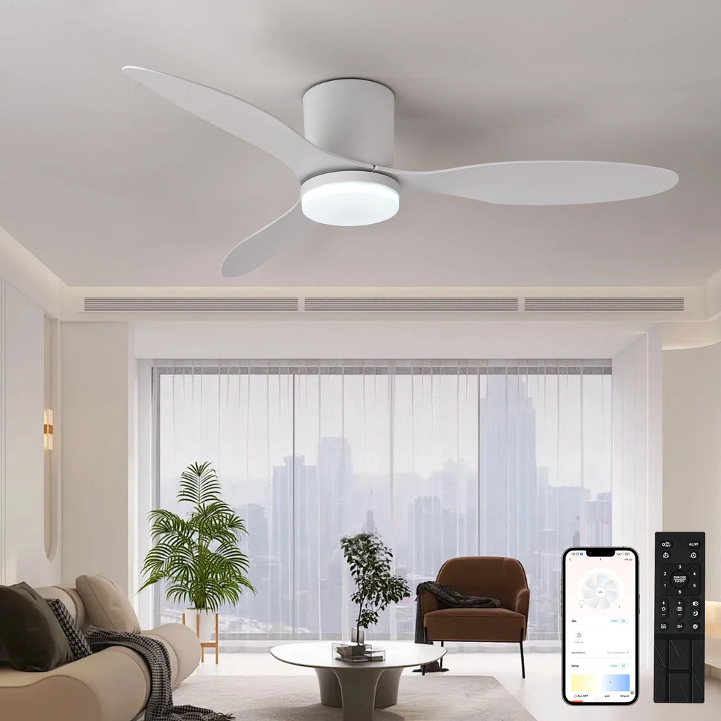 Moderno ventilador de techo LED silencioso, motor de CC, 6 velocidades, temporizador, ventilador tipo loft con control remoto y luces para dormitorio y comedor