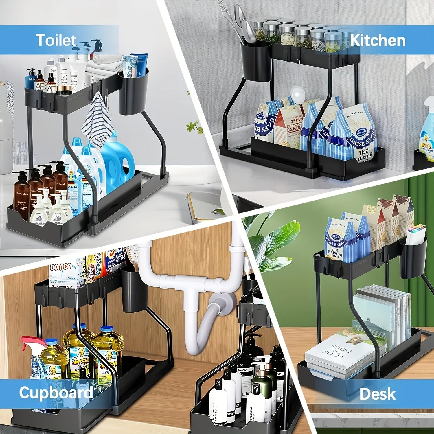 Organizador de dos niveles para debajo del fregadero que ahorra espacio, caja de almacenamiento extraíble, organizador de cajones esencial para cocina y baño, duradero y de gran capacidad