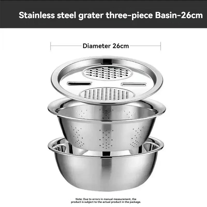 Rebanador de verduras 3PCS/1Set, rebanador de acero inoxidable, rebanador de patatas, lavabo para verduras, cesta de drenaje, multifuncional