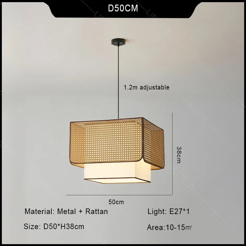 Lámpara colgante de ratán rústico retro para restaurante Wabi Sabi E27 Led, candelabro cuadrado para mesa de centro, accesorios de decoración para mesa de comedor