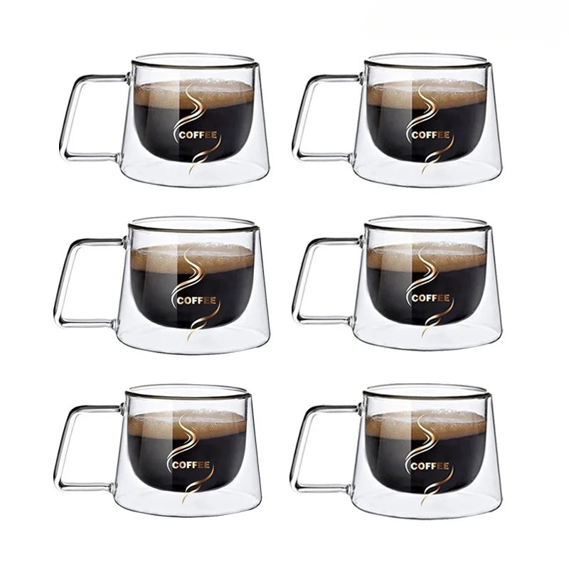 JUSTINLAU 200ML Espresso Cup Heat-resistant Double Wall Glass Coffee Mug with Handle Cappuccino Latte Breakfast Tea Water Cups