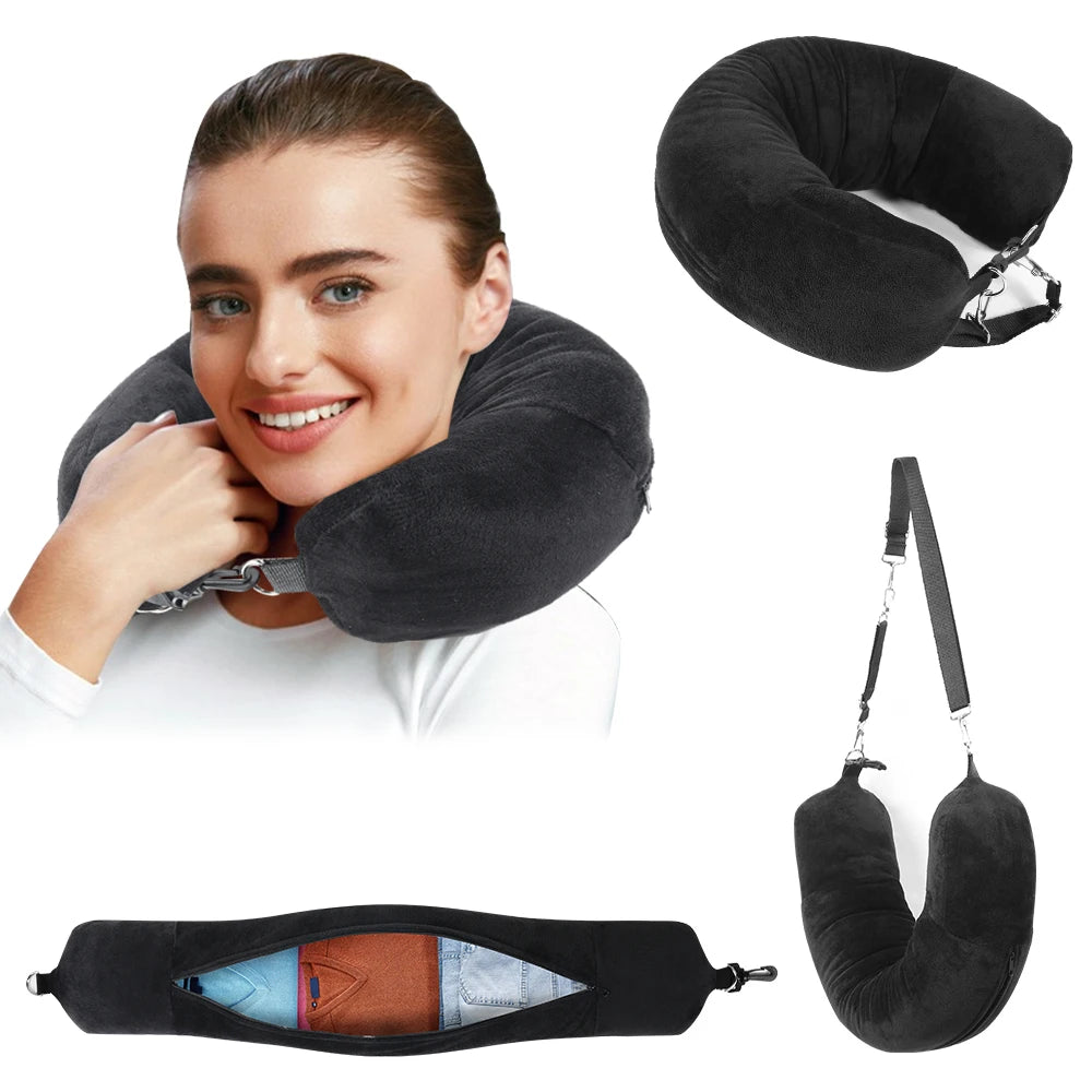 Almohada de viaje para cuello con funda en forma de U rellenable con ropa, bolsa de almacenamiento adicional, funda de almohada de terciopelo para viajes en avión