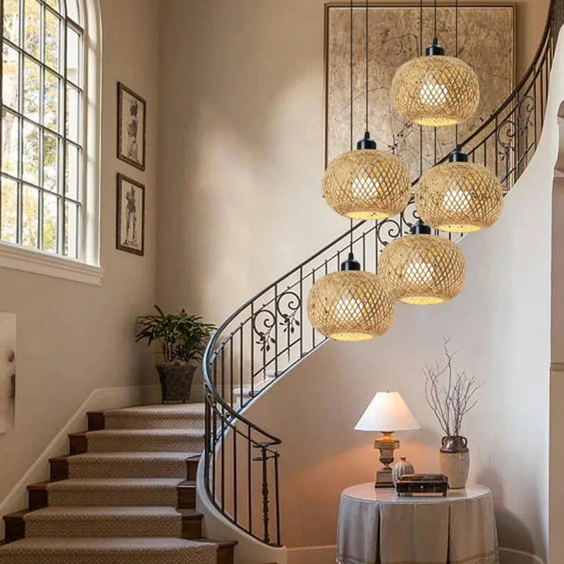 Lámpara colgante de bambú retro, araña tejida, lámpara colgante de ratán hecha a mano, accesorio de iluminación interior para restaurante y comedor