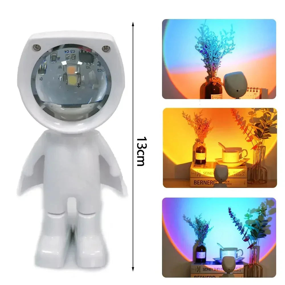 Lámpara de mesa con proyección de arcoíris de robot astronauta recargable Lámpara de sol Lámpara de atardecer con atenuación infinita Luz de ambiente para dormitorio