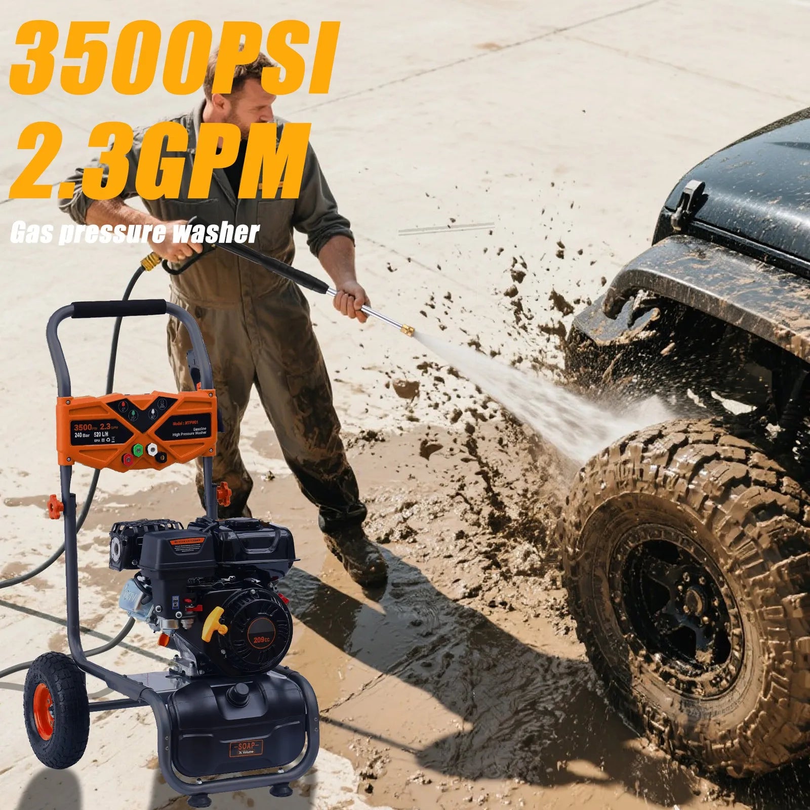 Hidrolavadora a gasolina de alta presión 3500 PSI 2.3 GPM 209cc 4 boquillas USA