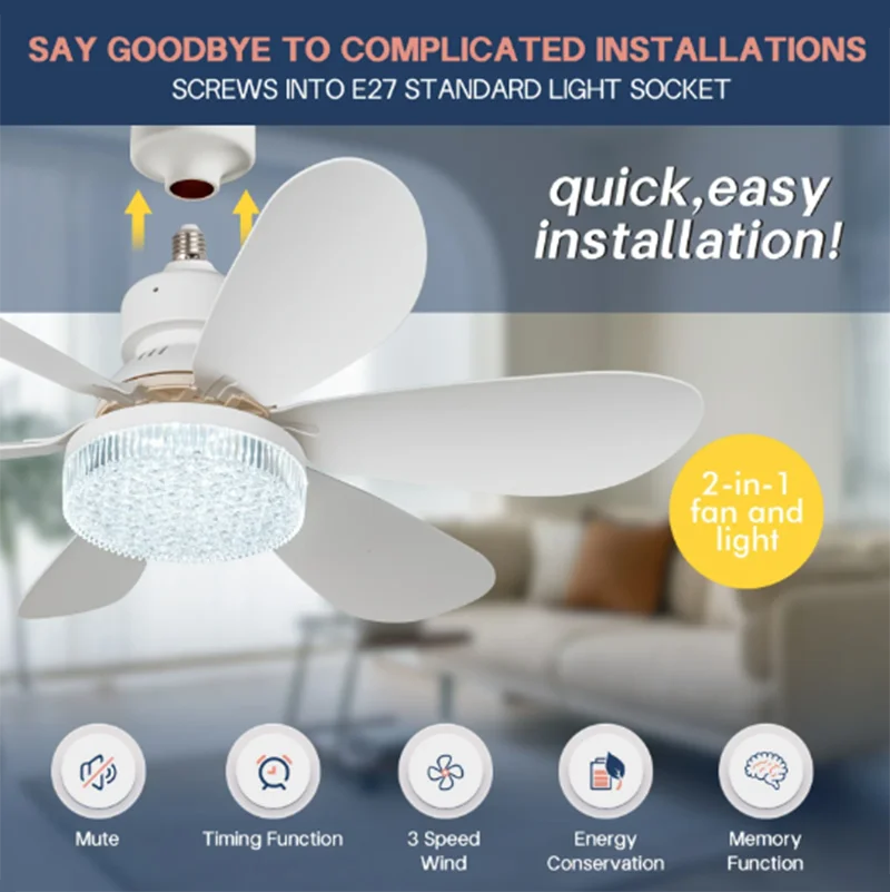 Pequeño Ventilador de Techo con Luz Tipo Tornillo E27 con Control Remoto para Sala de Estar Dormitorio 40W LED Lámparas de Ventilador Cocina Decoración del Hogar