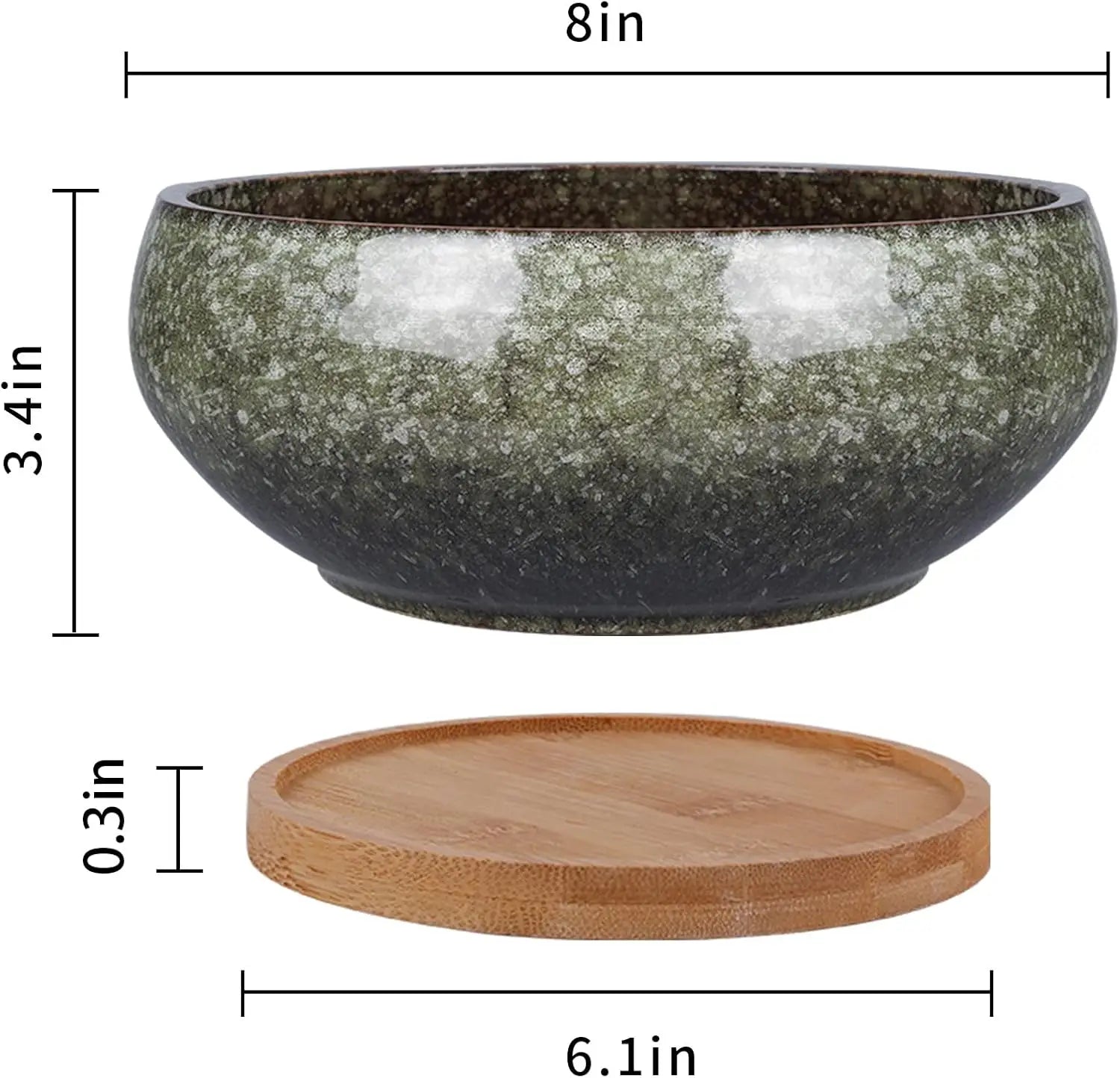 Maceta de bonsái de cerámica esmaltada de 8 pulgadas con orificio de drenaje y plato de bambú para suculentas y plantas de interior