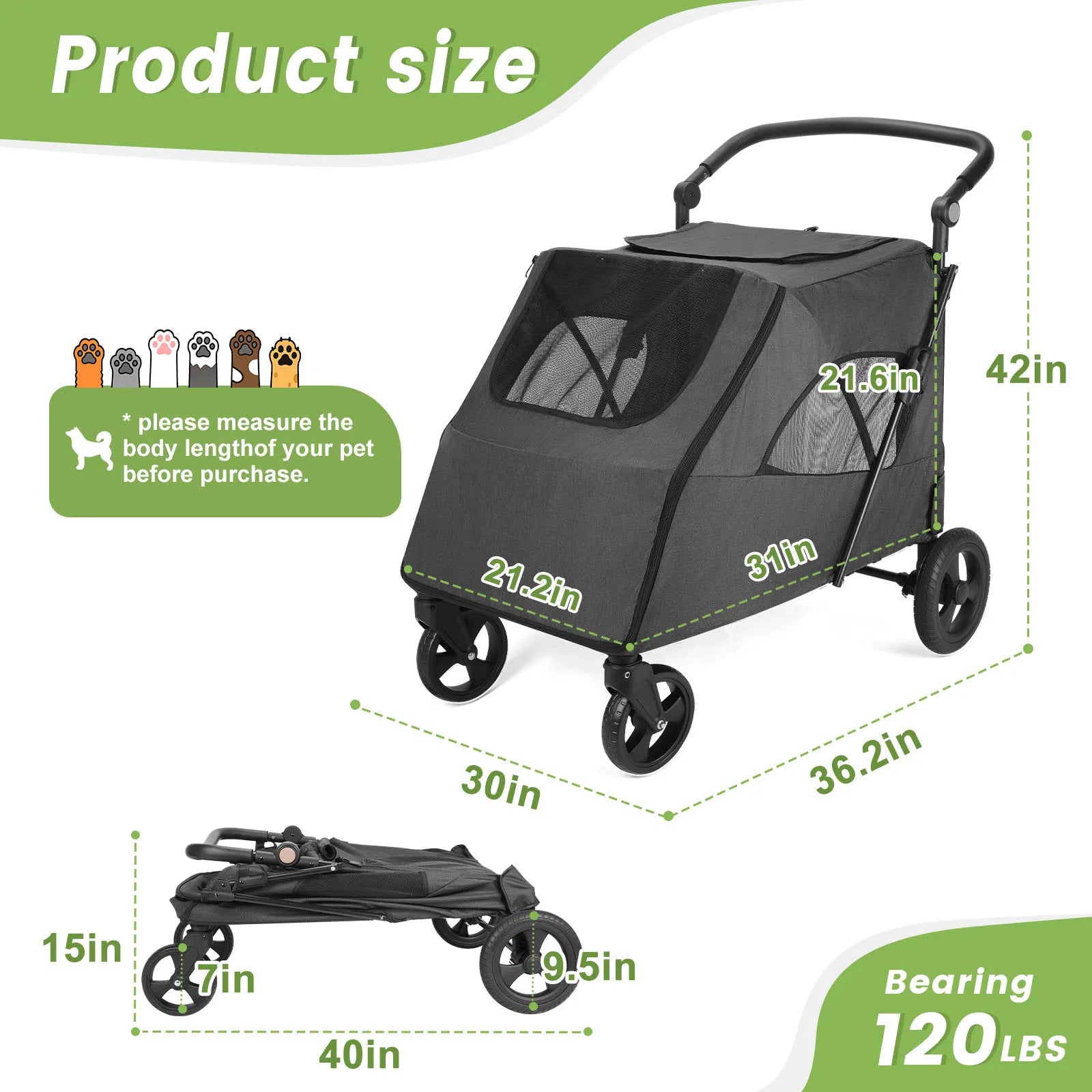Cochecito para mascotas grandes, hasta 30 kg, manillar ajustable, silla de paseo plegable para perros, almacenamiento XXL, cochecito doble para gatos