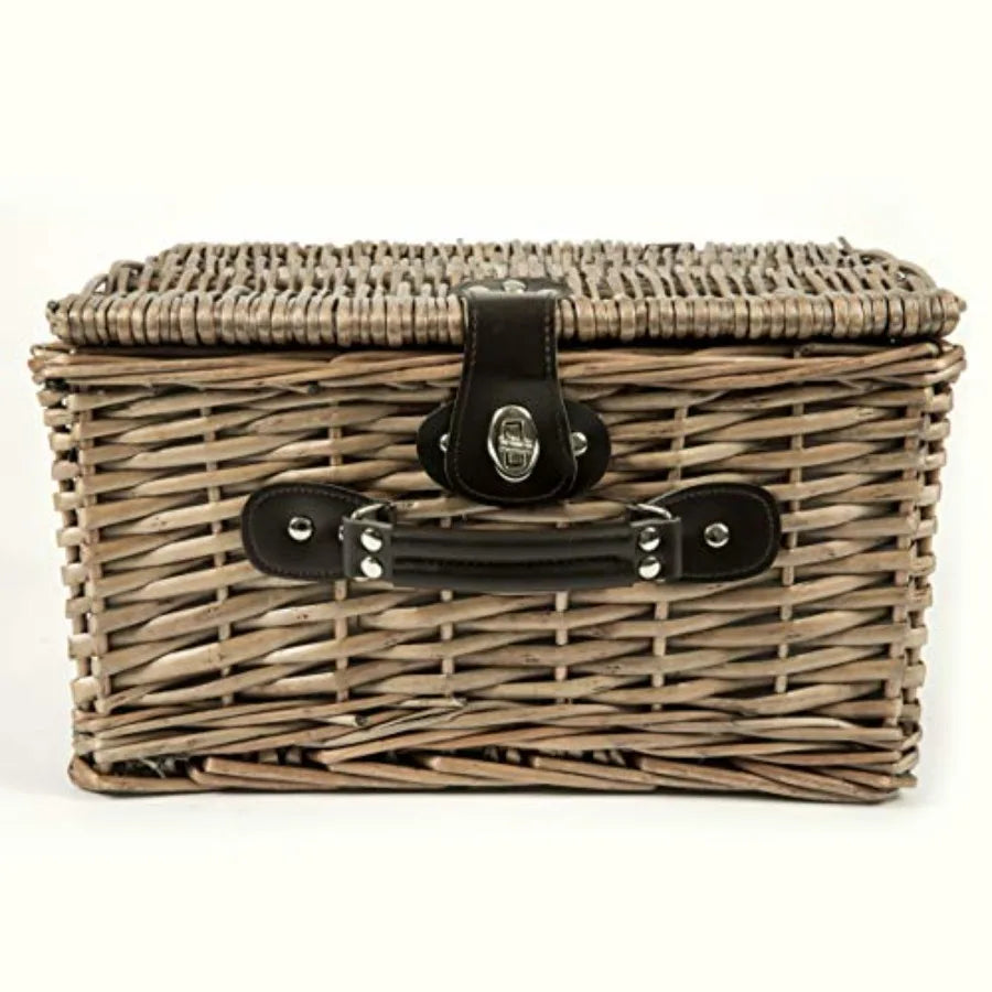 Cesta de picnic Catalina para 2 personas, clásica, de lujo, de mimbre inglés tejida a mano con detalles de cuero genuino y servicio completo para T