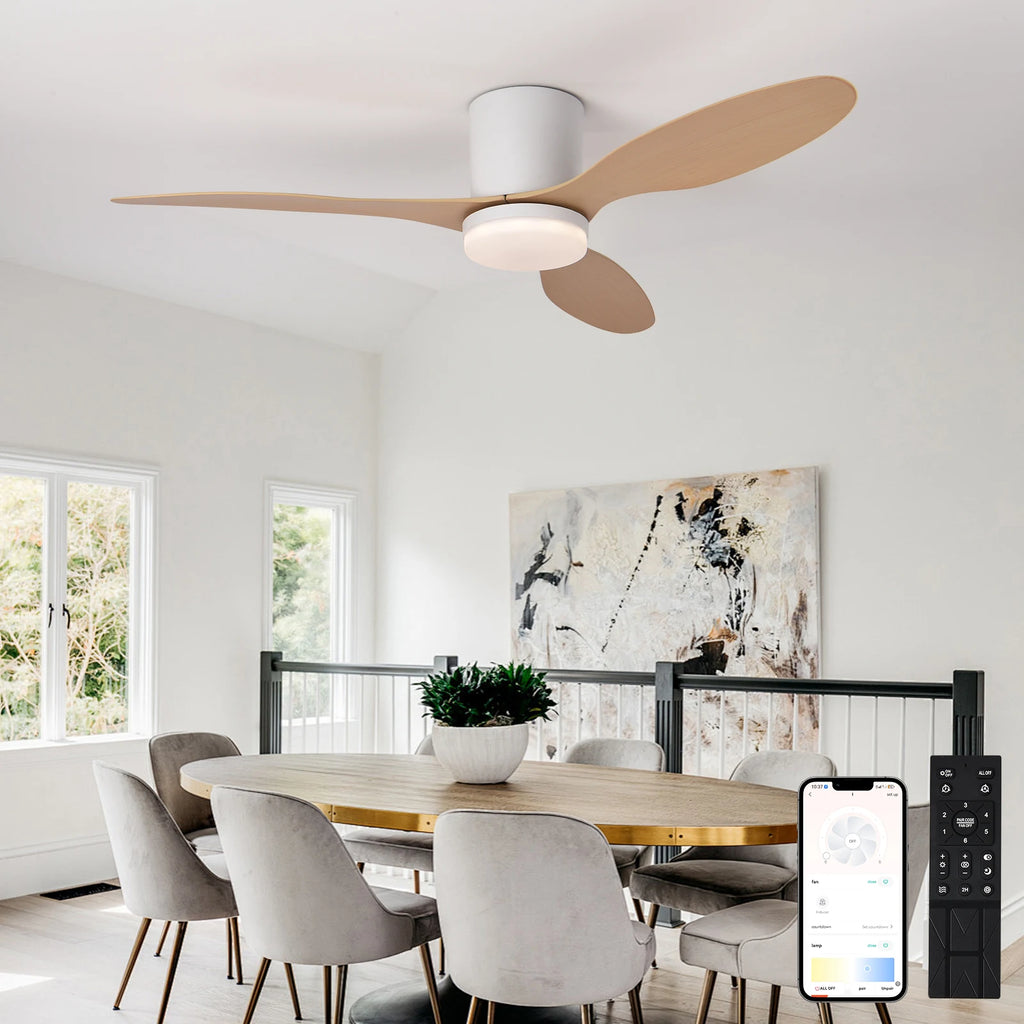 Moderno ventilador de techo LED silencioso, motor de CC, 6 velocidades, temporizador, ventilador tipo loft con control remoto y luces para dormitorio y comedor