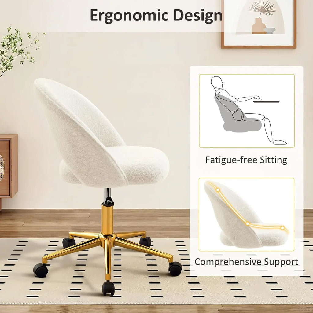 Silla de tocador con respaldo, bonita silla de escritorio con ruedas para niñas, silla decorativa tapizada sin brazos con altura de metal dorado