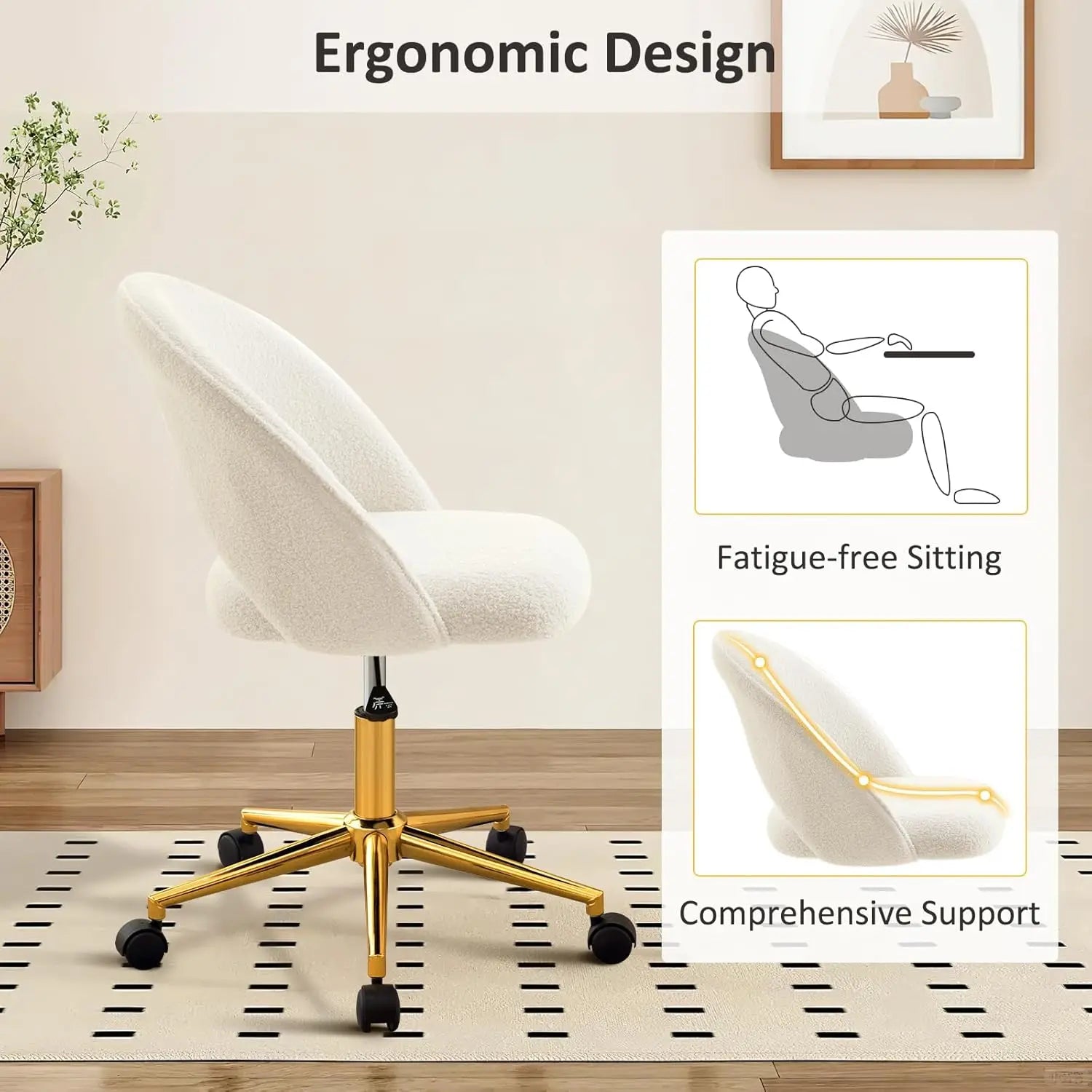 Silla de tocador con respaldo, bonita silla de escritorio con ruedas para niñas, silla decorativa tapizada sin brazos con altura de metal dorado