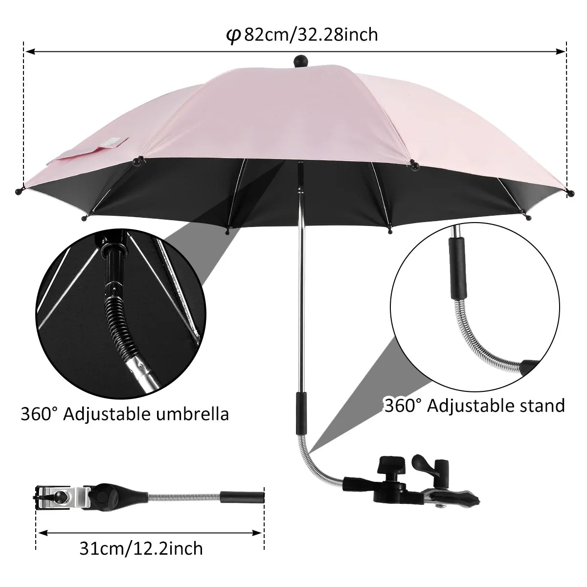 Sombrilla Universal Para Cochecito de Bebé, Protección UV, Sol y Lluvia, Parasol Ajustable 360°, Sombrilla Para Silla de Patio o Playa, Impermeable