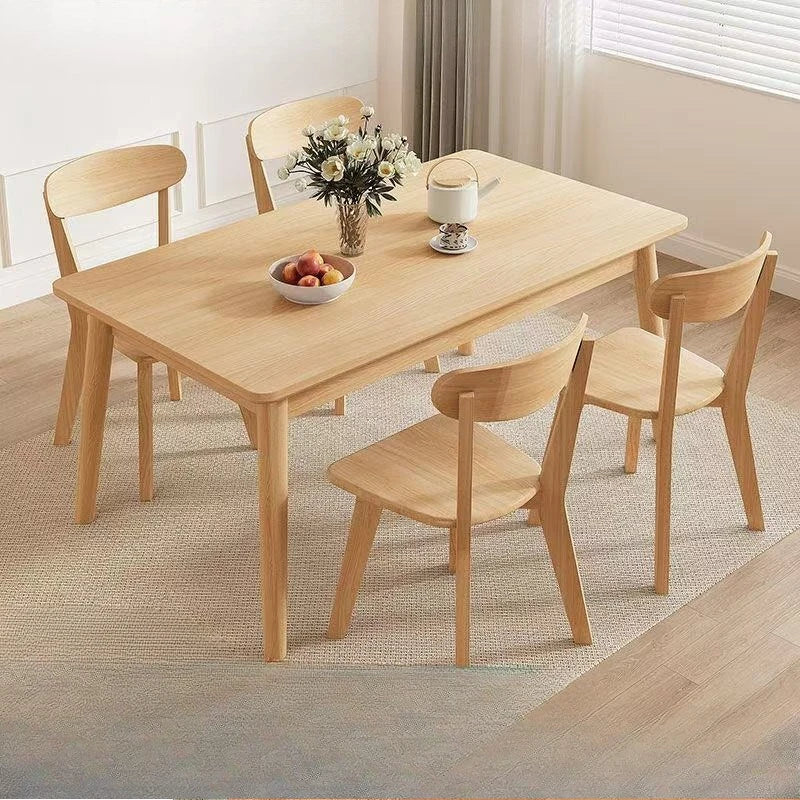 Juego de Mesa de Comedor Nórdica de Madera Maciza con 4 o 6 Sillas, Rectangular, Acabado de Madera Natural, Muebles para Apartamentos Pequeños, Cocinas y Comedores