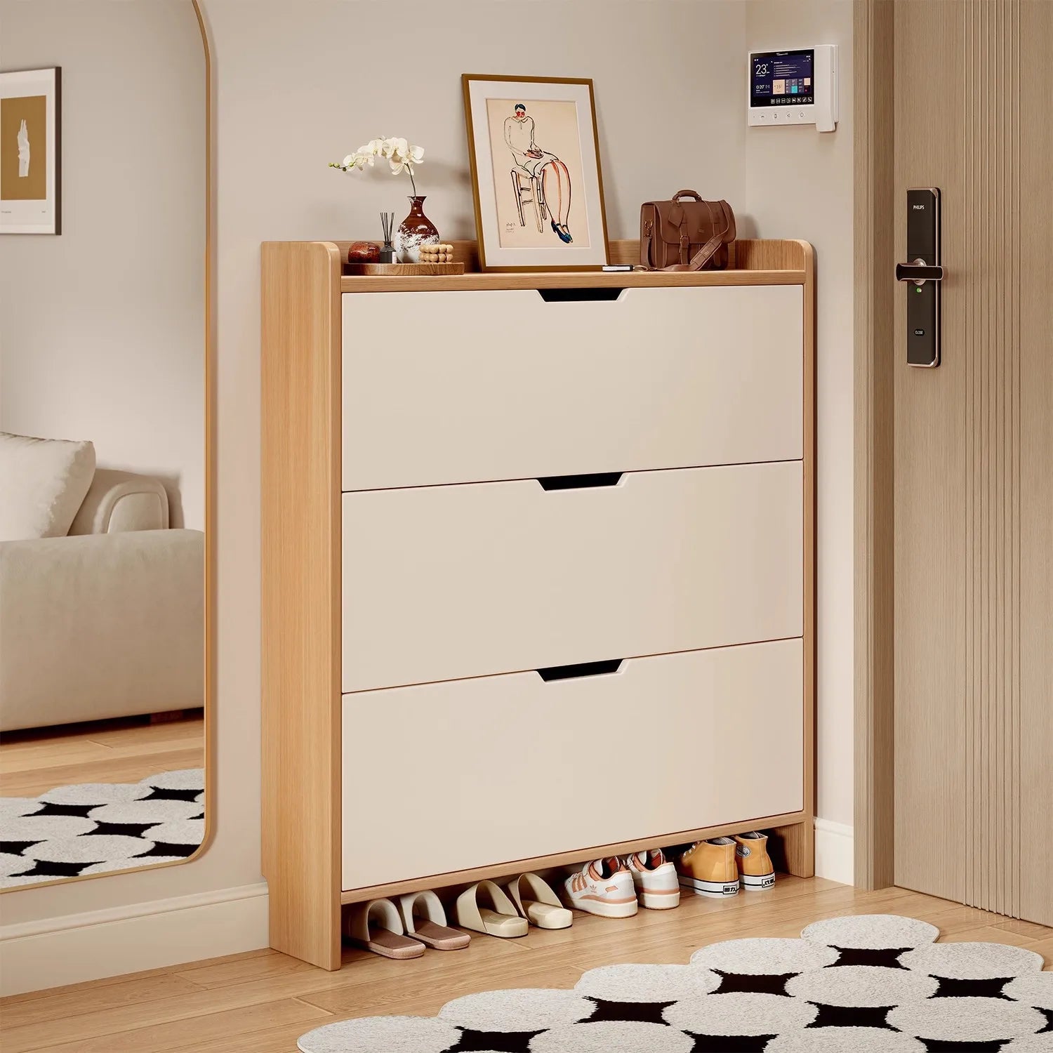 Zapatero de madera maciza ultraplano abatible, para el hogar, puerta de entrada, mueble de almacenamiento para vestíbulo, zapatero de pared estilo nuevo
