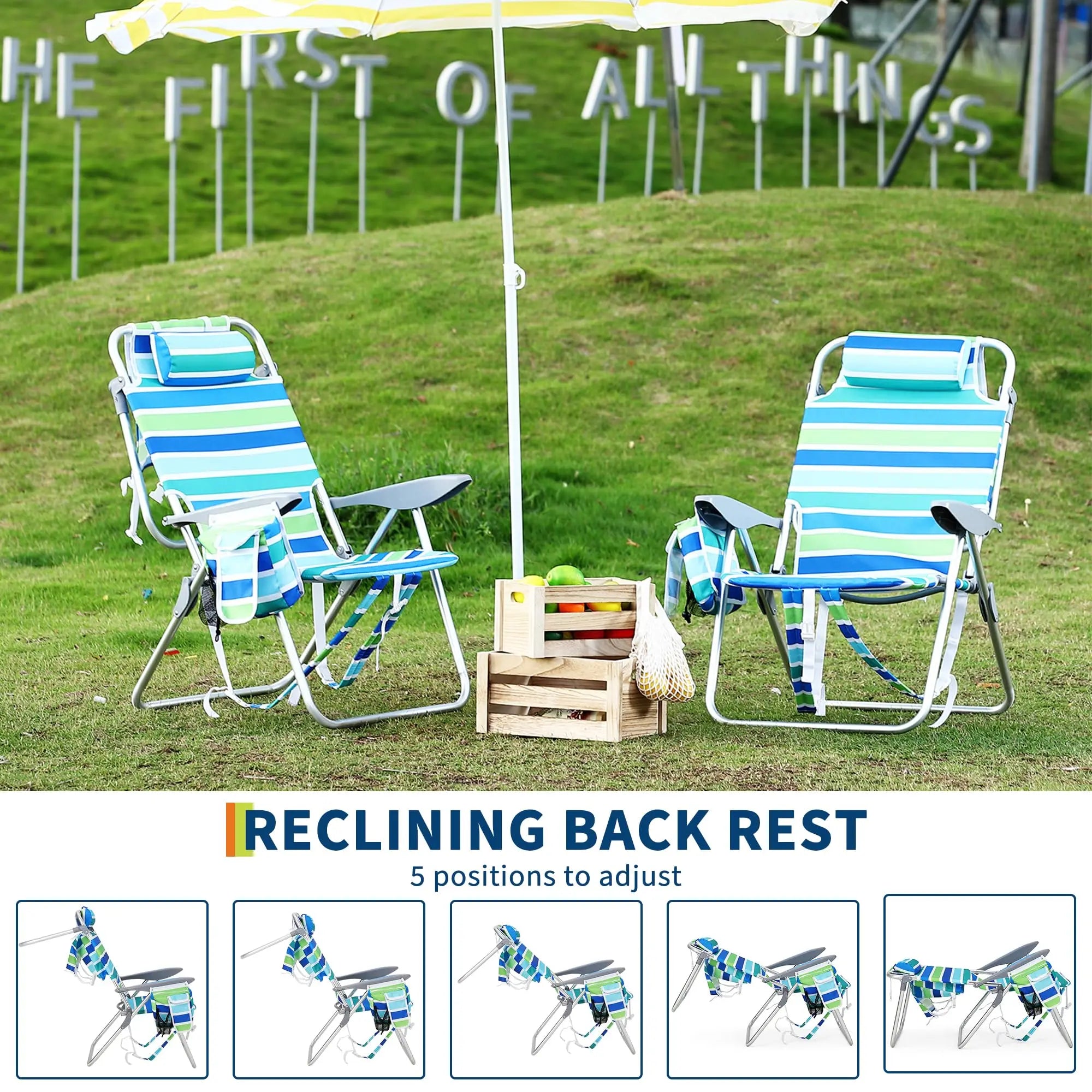 Paquete de 2 sillas de playa altas con mochila, silla de camping plegable plana, ligera, portátil, para exteriores, con bolsa nevera y portavasos