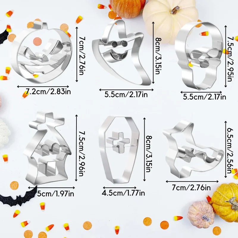 6 piezas Moldes cortadores de galletas de Halloween de acero inoxidable Fantasma Calabaza Calavera Ataúd Moldes para hornear Magdalenas Chocolate Galletas