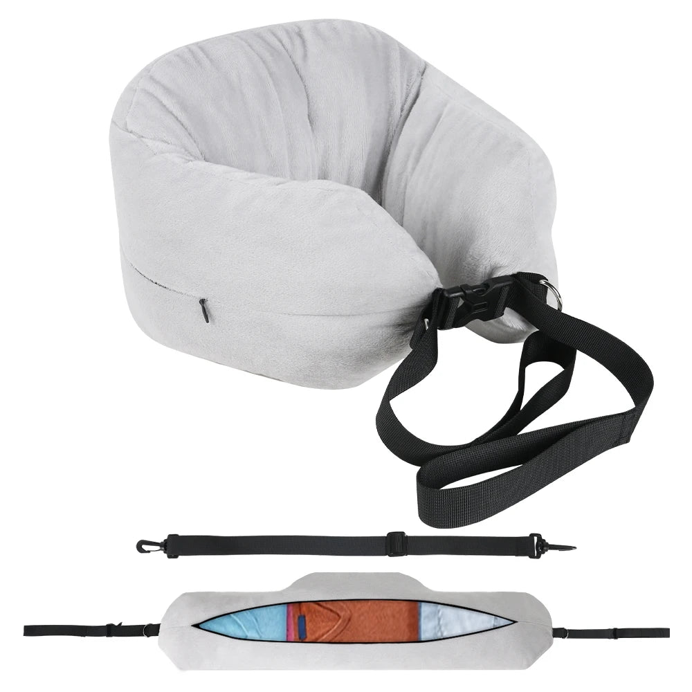 Almohada de viaje para cuello con funda en forma de U rellenable con ropa, bolsa de almacenamiento adicional, funda de almohada de terciopelo para viajes en avión